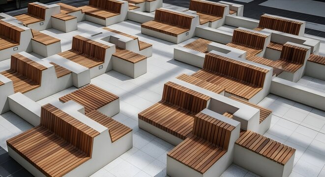 Modern modular seating arrangement with wooden slats and concrete bases creates a unique urban.