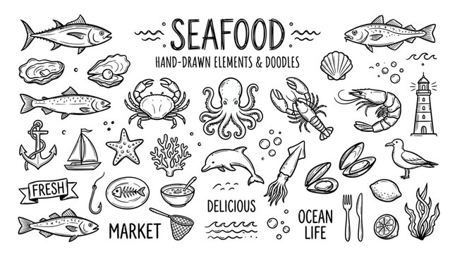 Seafood market fresh ocean food elements.