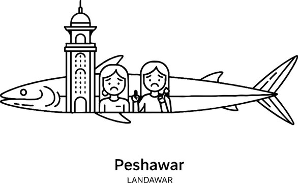 Peshawar City Landmark with Figures and Fish Silhouette