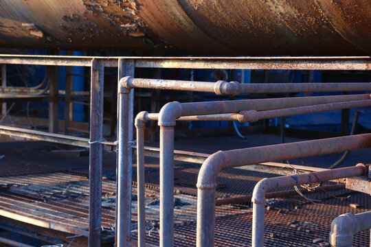Pipes and elbows at dusk on the outside of the massive and rusting Bethlehem Steelworks