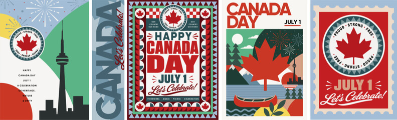 Naklejka premium Happy Canada Day. July 1st. Vector abstract modern geometric illustration with maple leaf, fireworks, landscape, skyline, canoe, and patriotic typography for a postage stamp, poster, greeting card