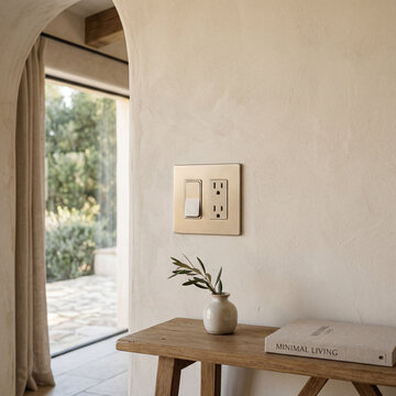 Modern Electrical Box on Ivory Limewash Wall with Champagne Faceplate for Luxury Interior Inspiration