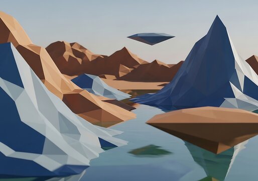 Abstract landscape with floating objects geometric design and minimalist art
