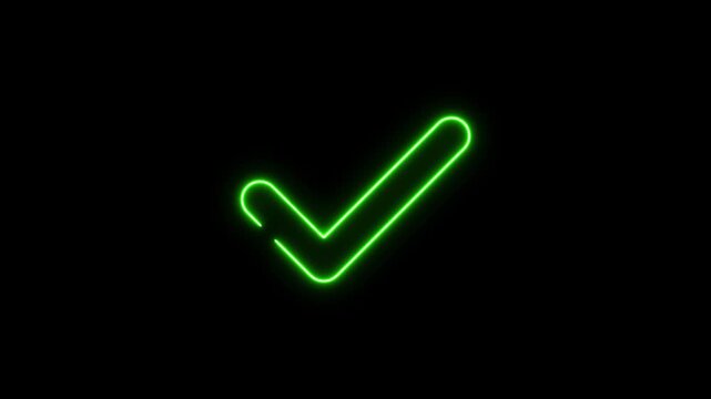 Glowing neon green check mark symbol animation on black background, for success, approval, and task completion