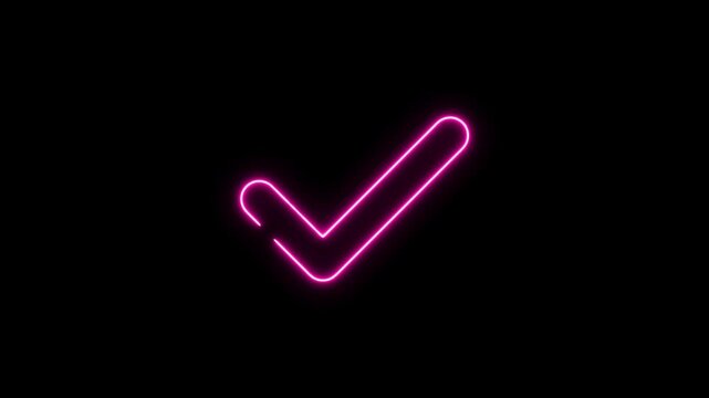 Glowing pink neon check mark symbol animation on black background, for success, approval, and task completion concepts