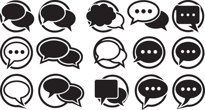 Black and white chat bubble icons set