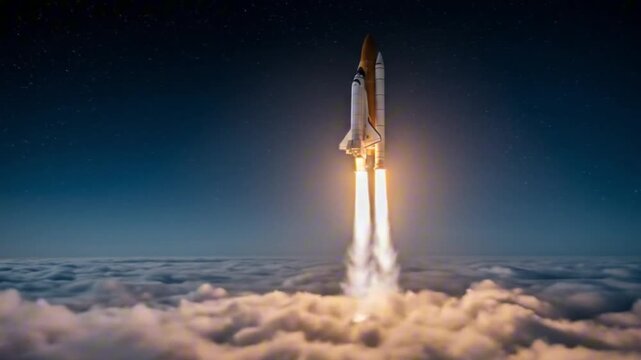 A rocket soaring upward breaking through a thick cloud cover into a starry night sky