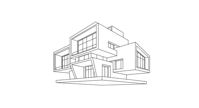 Modern modular house architecture line drawing sketch on white background.