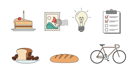 Collection of simple icons for various themes including food, travel, and ideas. © Jaka