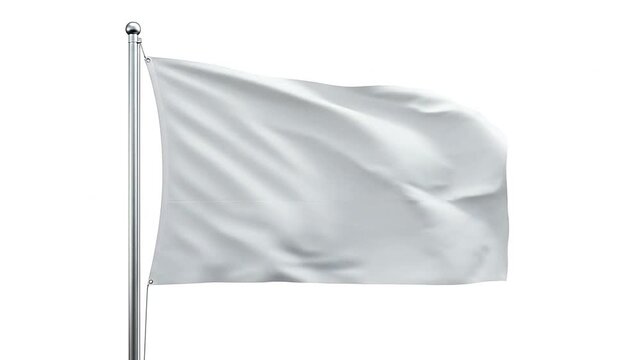 A clean white flag waving on a metal pole against a plain white background