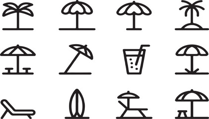Set of black line icons for summer beach vacation and travel themes vector design on transparent background. © Mohammod Foysal SSF.