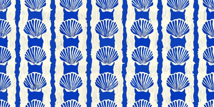 Blue and white seashell pattern vertical repeating design