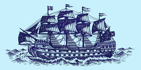 Historic sailing ship illustration with waves detailed sketch style © Raben
