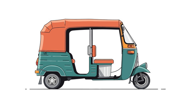 Green and orange auto rickshaw isolated on white background