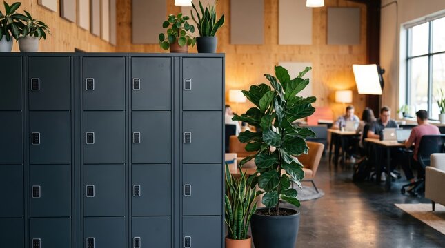 Locker cabinets beside plants in shared workspace office