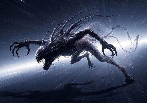 Fearsome alien creature with sharp claws and teeth in dramatic lighting