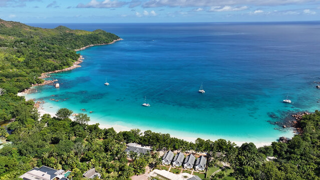 Anse Lazio Beach In Praslin Island Victoria Seychelles. Stunning Tropical Coastline Beach Scene Viewed From Above. Shore Sky Clouds Beach Sea. Seaside Panorama. Praslin Island Victoria.