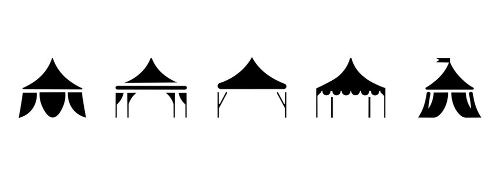 Set of black tent icons, event shelter signs, silhouettes featuring gazebos, and pavilions, silhouettes in flat style