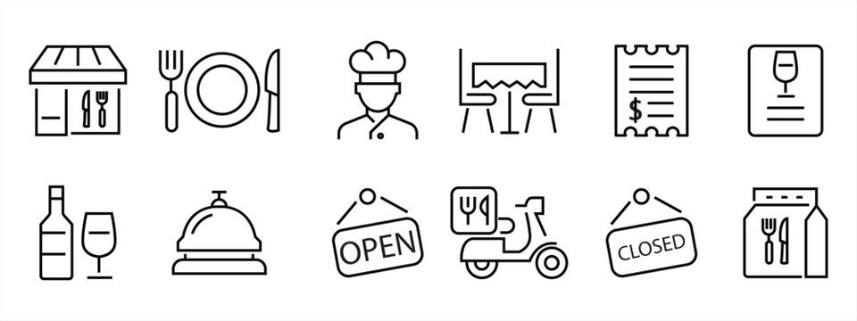 Simple line icon set for restaurants. Chef, food delivery, menu, waiter, editable line icons. Vector illustration.
