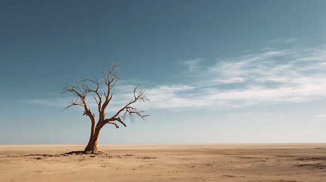 A lone dry tree stands resiliently in an expansive, flat desert