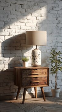 Bright room with wood nightstand, plants, and white brick wall