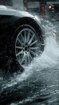 Car wheel drives through deep puddle splashing water vigorously