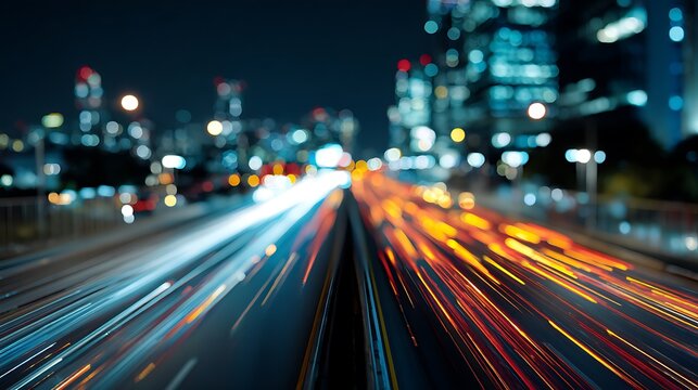 Dynamic city light trails streaking across a busy highway at night