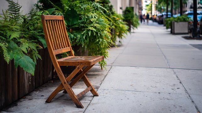 Folding wooden chair on city sidewalk surrounded by green plants