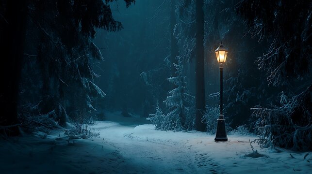 Glowing vintage lamppost illuminates a mysterious snowy forest path at twilight