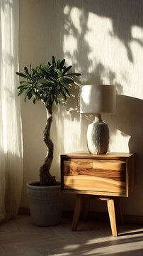 Morning sun highlights wood nightstand, elegant lamp, and tall plant