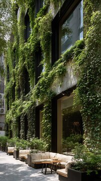 Modern building facade featuring stunning vertical garden and comfortable outdoor seating