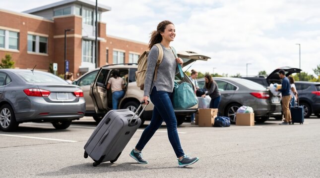 Young woman walking with suitcase in college parking lot