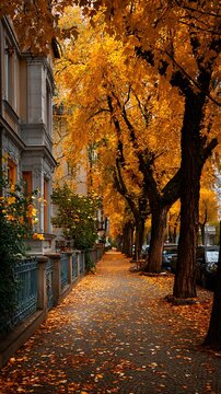 Quaint city street lined with trees showcasing vibrant autumn leaves