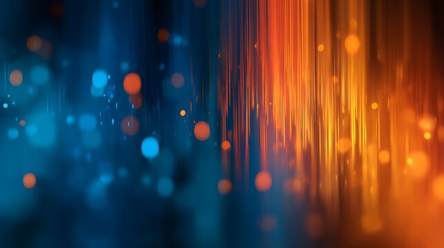 Vibrant vertical light pillars with bokeh effects in orange and blue