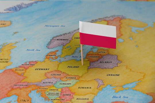 Poland flag pin marking Poland on Europe map, travel destination concept