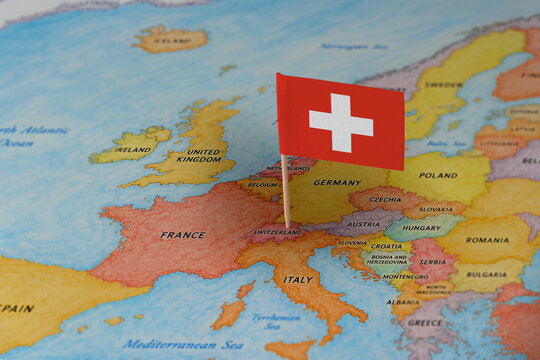 Switzerland flag pin marking Switzerland on Europe map, travel destination concept