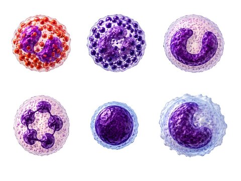 Collection of Human White Blood Cells Isolated on White Background, includes eosinophil, basophil, band neutrophil, segmented neutrophil, lymphocyte, and monocyte cells.