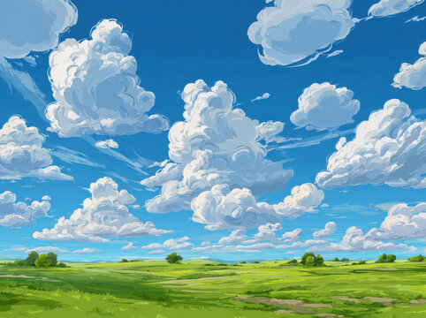 Bright blue sky with fluffy white clouds above vibrant green grassland, creating serene and cheerful atmosphere. landscape is filled with rolling hills and scattered trees, inviting sense of peace