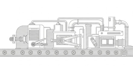 Detailed architectural drawing of a vintage train engine on tracks. © Adit