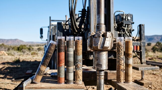 Core samples displayed beside drill rig at arid field