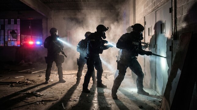 Cinematic SWAT team performing a tactical entry with smoke and flashlights