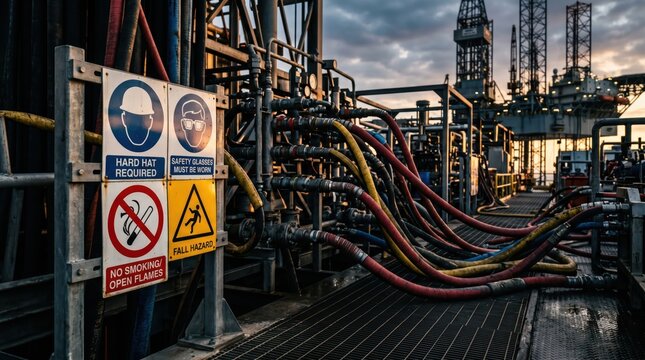 Industrial platform with hoses and safety signs at dusk