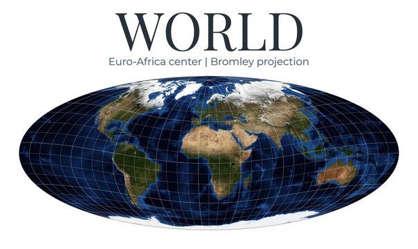 World Map in Bromley Projection. Euro-Africa centered at 10degN 10degE. High-detail physical map. April View. Elements of this image furnished by NASA.