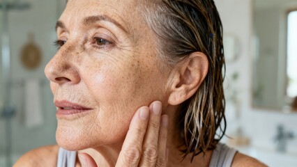 Fototapeta premium Beautiful mature 50s woman with healthy skin care and radiant face for wellness and beauty spa