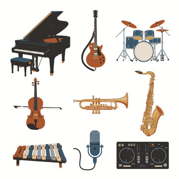 Collection of musical instruments including piano, guitar, drums, violin, trumpet, saxophone, xylophone, microphone, and DJ controller.