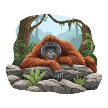 Vector illustration of a relaxed male orangutan with long orange fur resting on grey rocks, surrounded by tropical jungle plants and trees, isolated on a white background.