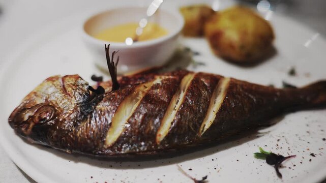 Grilled dorada fish served on white plate with roasted potatoes and lemon sauce in luxury restaurant.