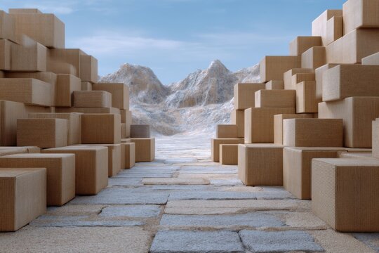 Surreal landscape of stacked cardboard boxes forming towering walls along a stone path to hazy mountains, ideal for concepts of logistics, innovation, or imaginative business journeys.