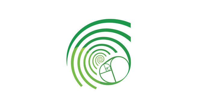 Green abstract golden ratio spiral on white background