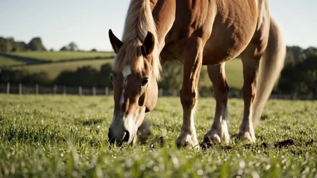 Beautiful Chestnut Horse Grazing in Green Meadow on Sunny Summer Day